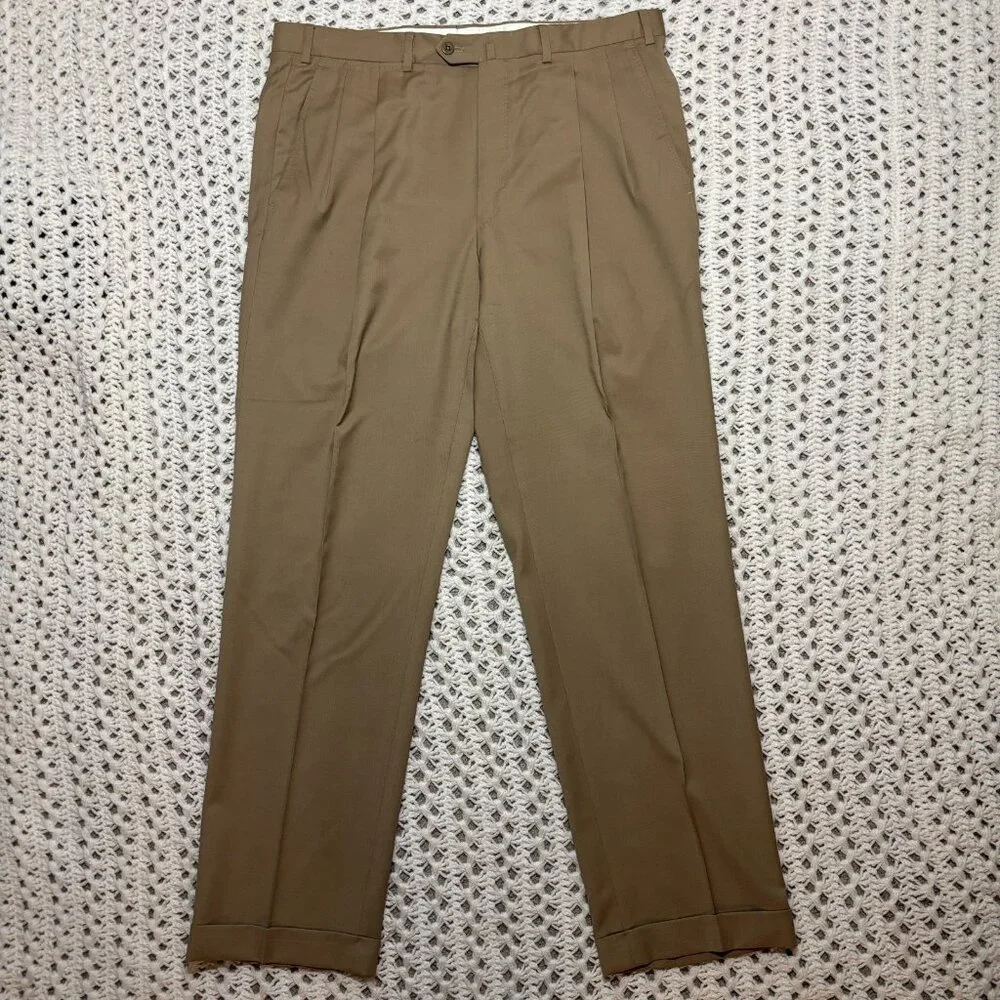 Ermenegildo Zegna Men's Wool Tan Brown Dress Pants Pleated Front Sz 36R‎ 36x32